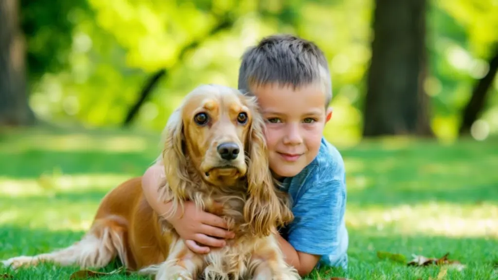 Smiling boy hugging a Cocker Spaniel in a park, illustrating one of the best dogs for kids.