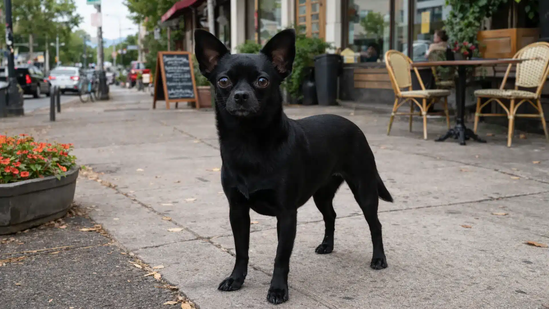 Solid black Chihuahua standing on city sidewalk near outdoor cafe tables and storefronts