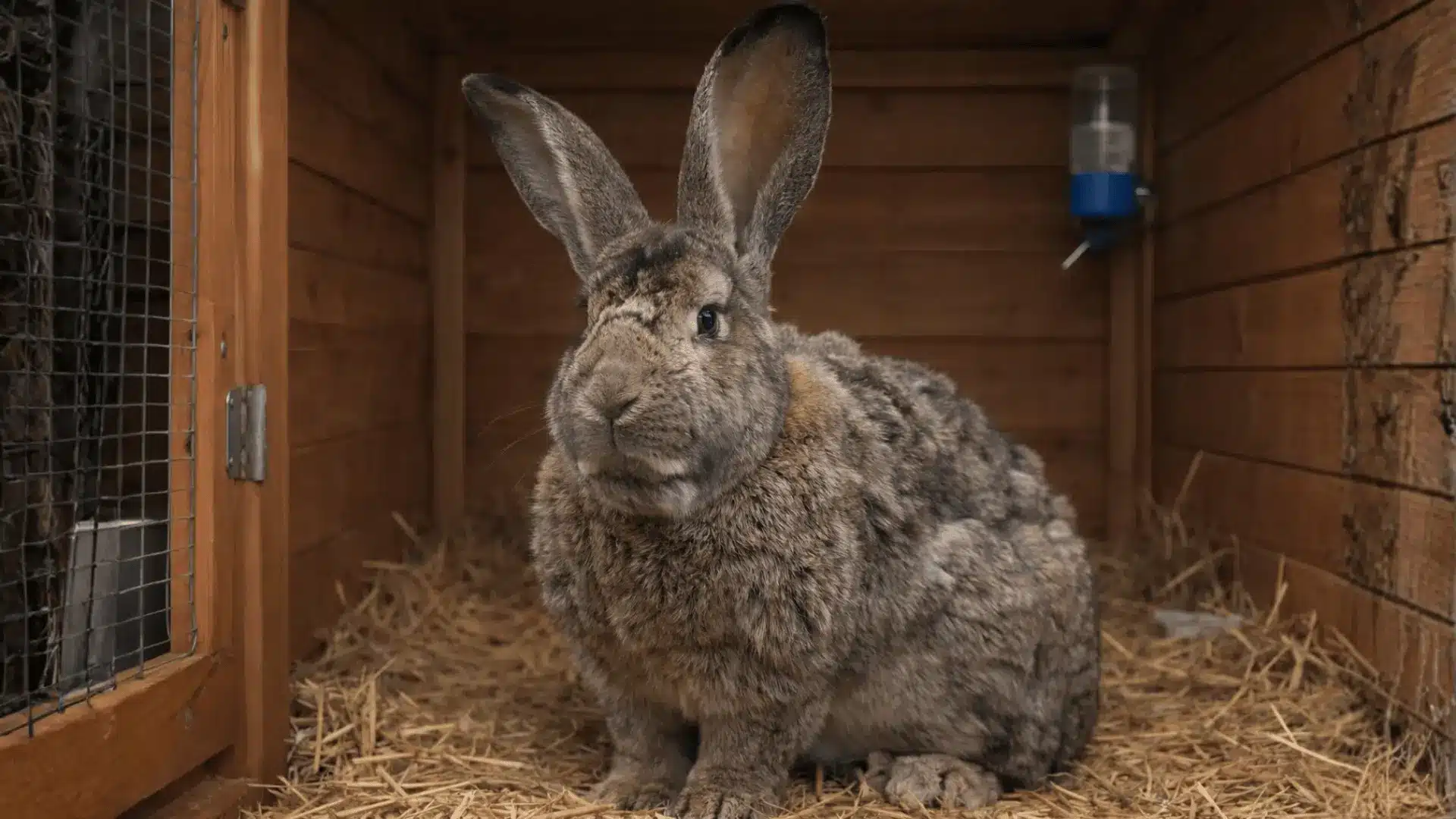 Spanish Giant rabbit with compact muscular body and upright ears outdoors