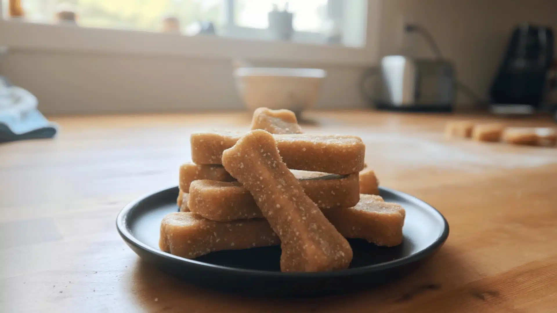 Stacked golden-brown treats on a black plate in a sunlit, amateur kitchen setting.