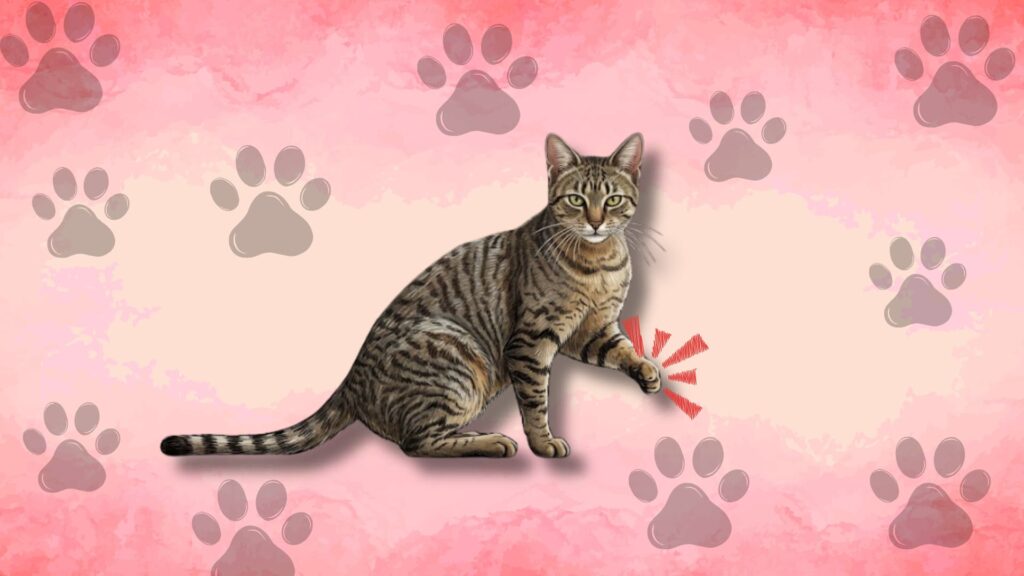 Tabbled cat on a pink watercolor background with paw prints, holding up a pained paw