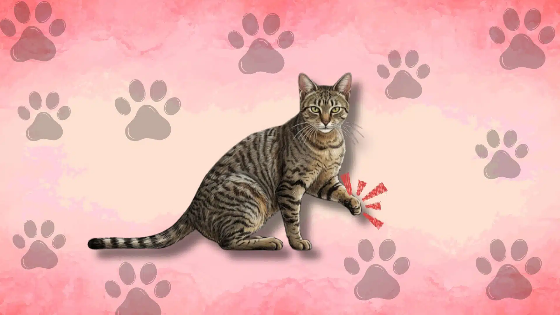Tabbled cat on a pink watercolor background with paw prints, holding up a pained paw