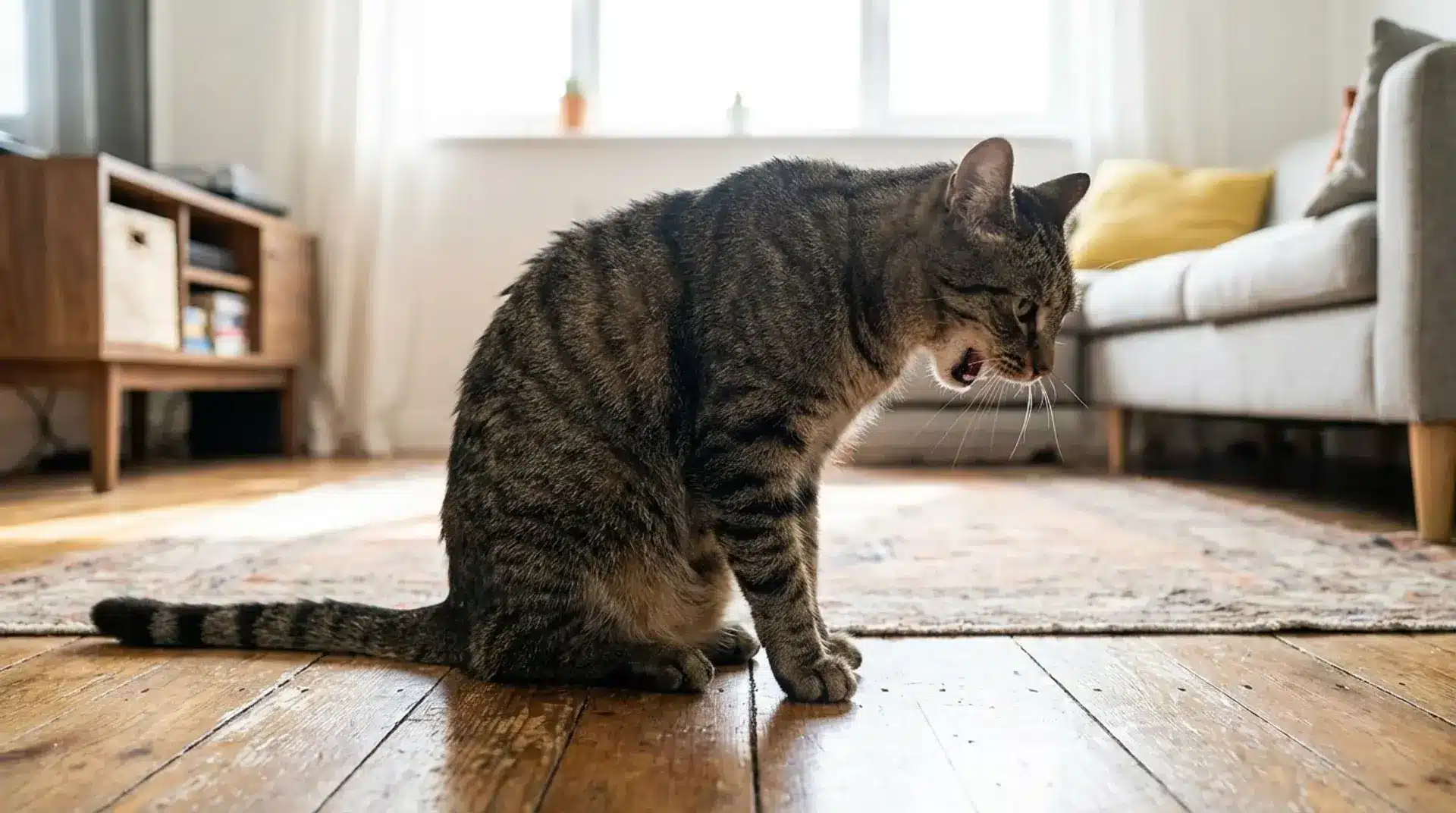 Tabby cat dry heaving on living room floor showing gagging posture during a dry heaving episode