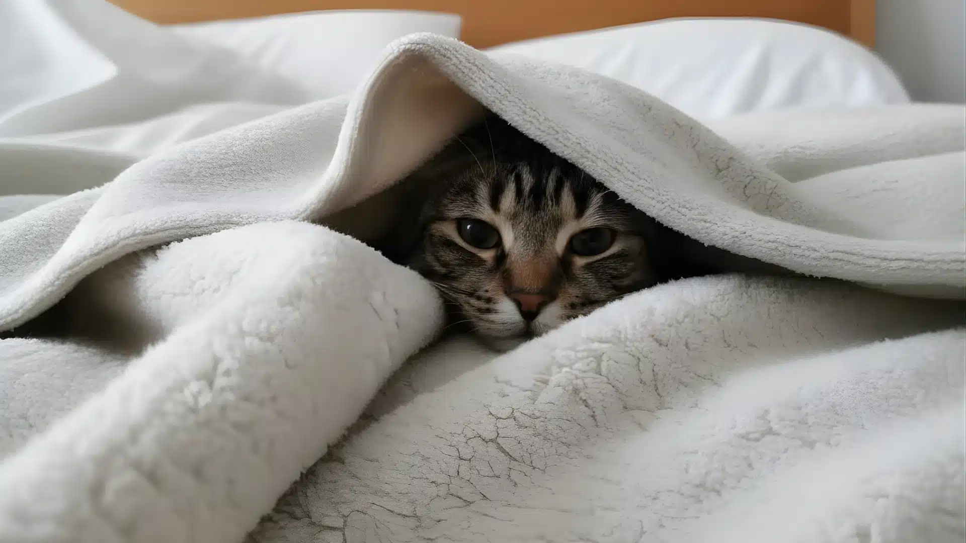 Tabby cat hiding under a white blanket on a bed, peeking out with alert eyes, illustrating anxious or withdrawn behavior