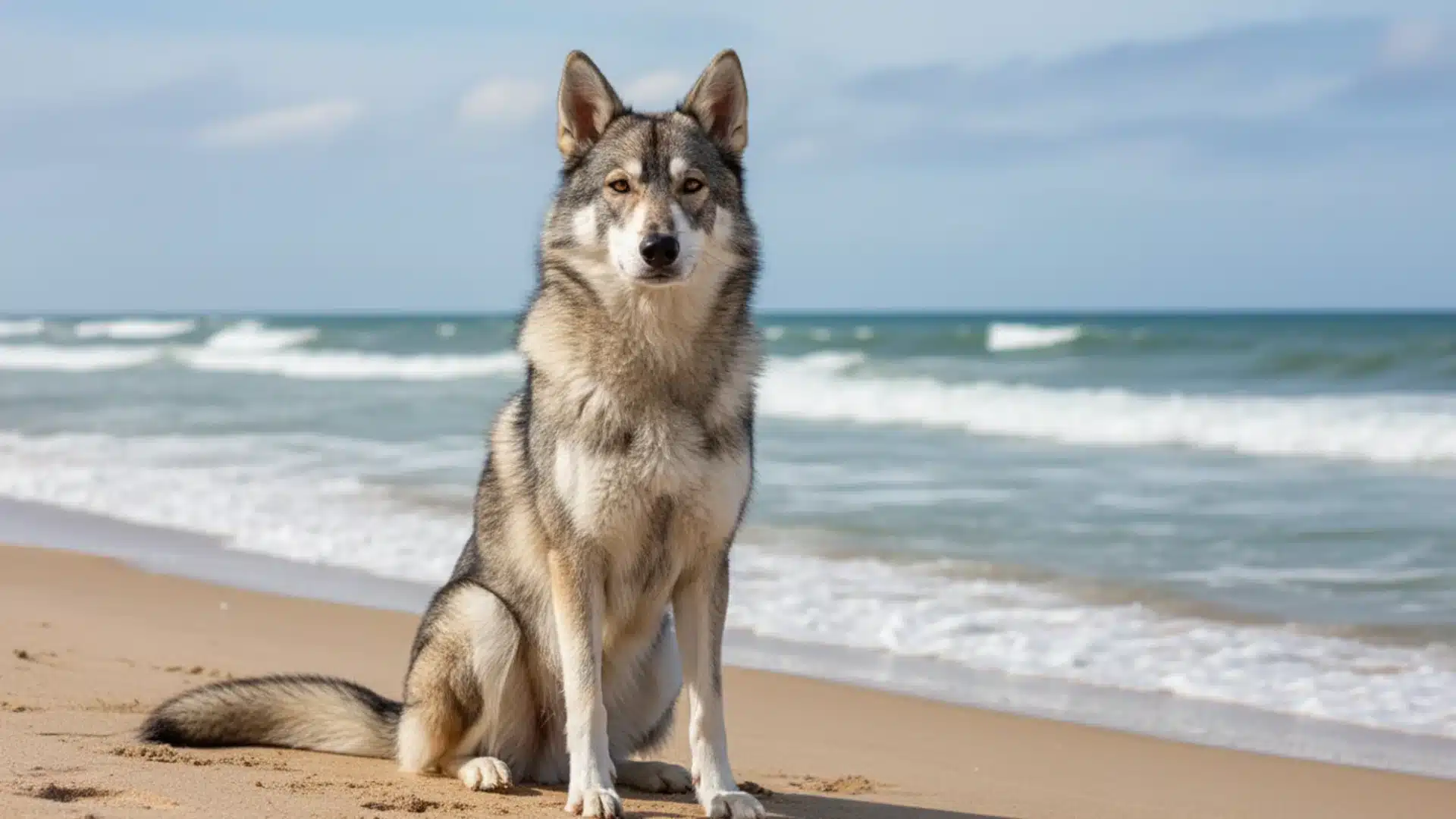 Tamaskan Dog sitting on sandy beach near ocean waves under a clear sky with calm sea behind