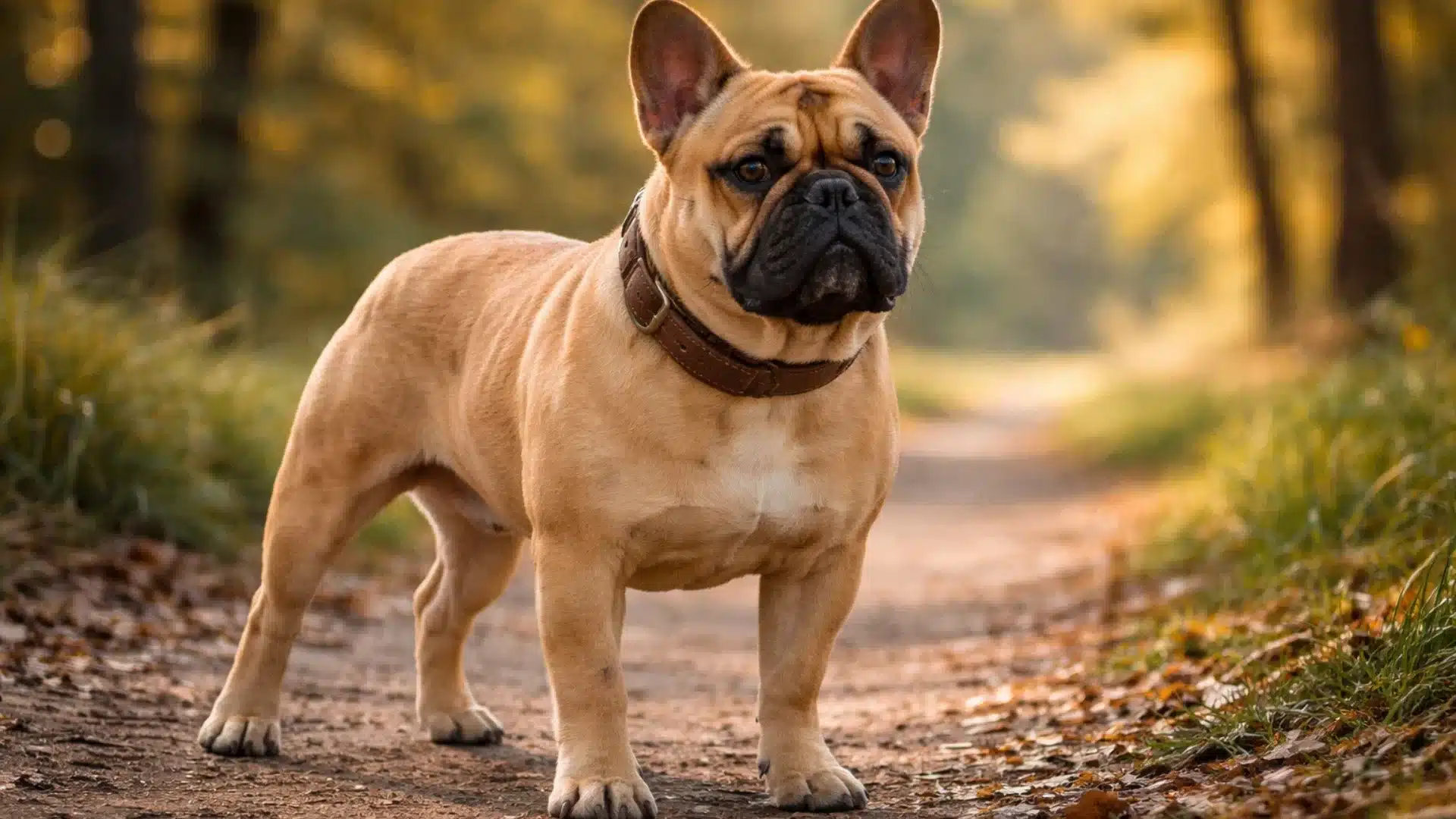 Tan French Bulldog with a black mask standing on a forest path with autumn leaves, wearing a wide brown leather collar
