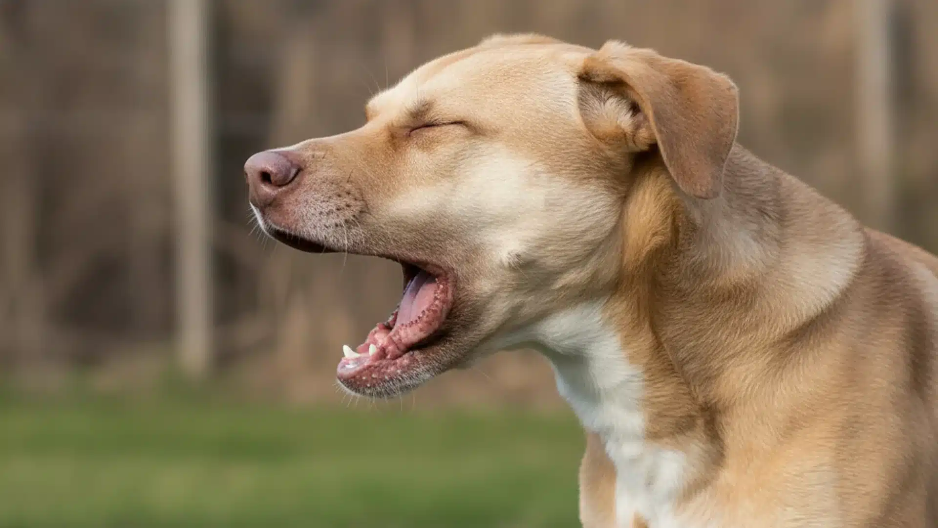 Tan dog outdoors with eyes closed and mouth open mid sneeze, captured in natural light with blurred background