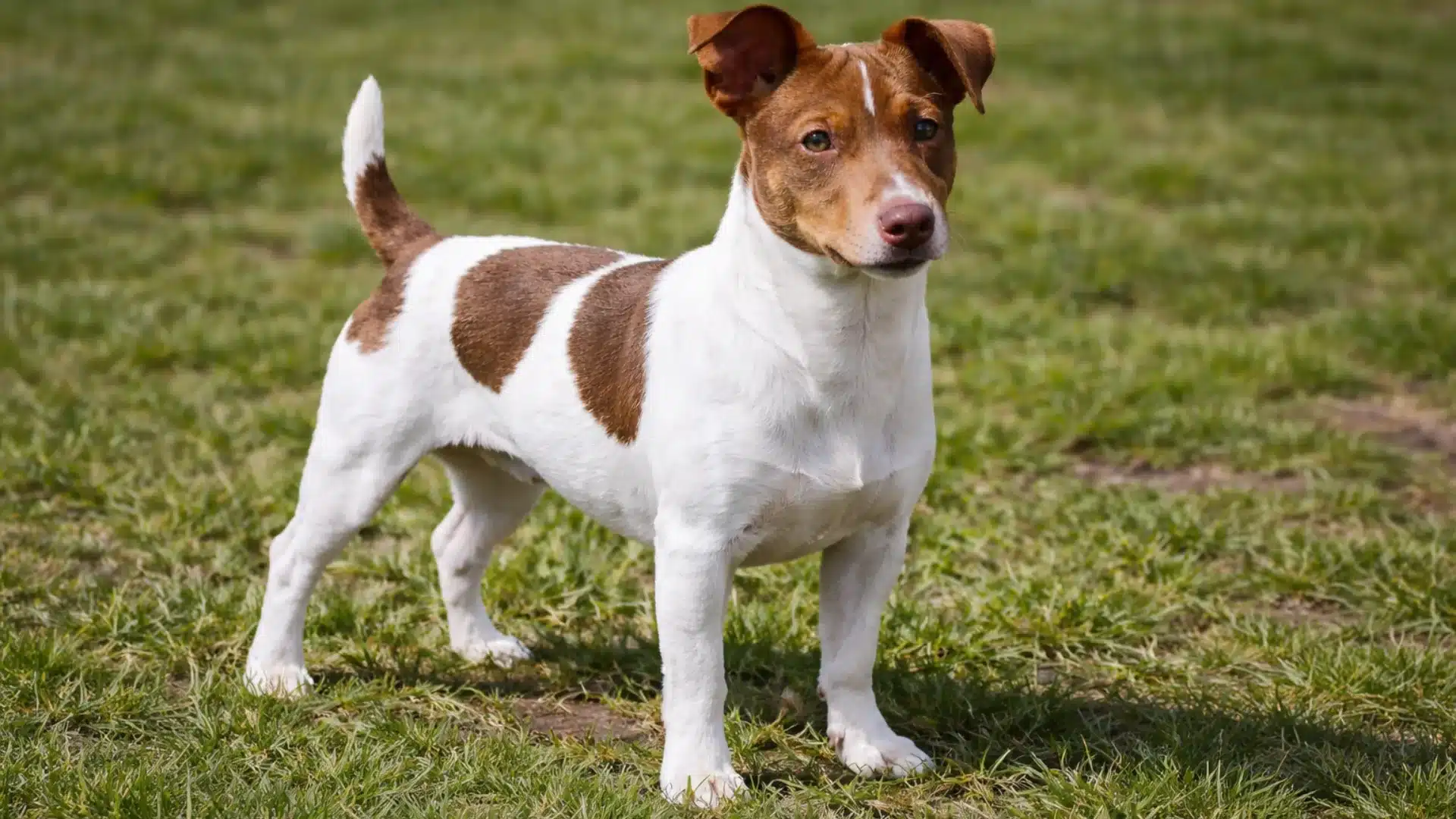 Teddy roosevelt terrier standing on green grass, white coat with brown patches and alert expression outdoors