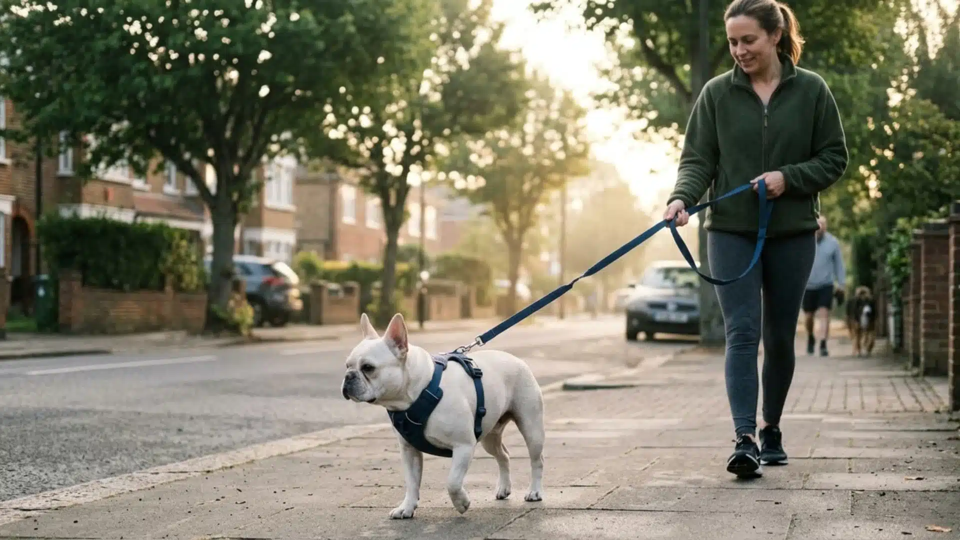 The soft, golden light and the calm street, with your platinum French Bulldog leading the way on a secure, non-pull harness