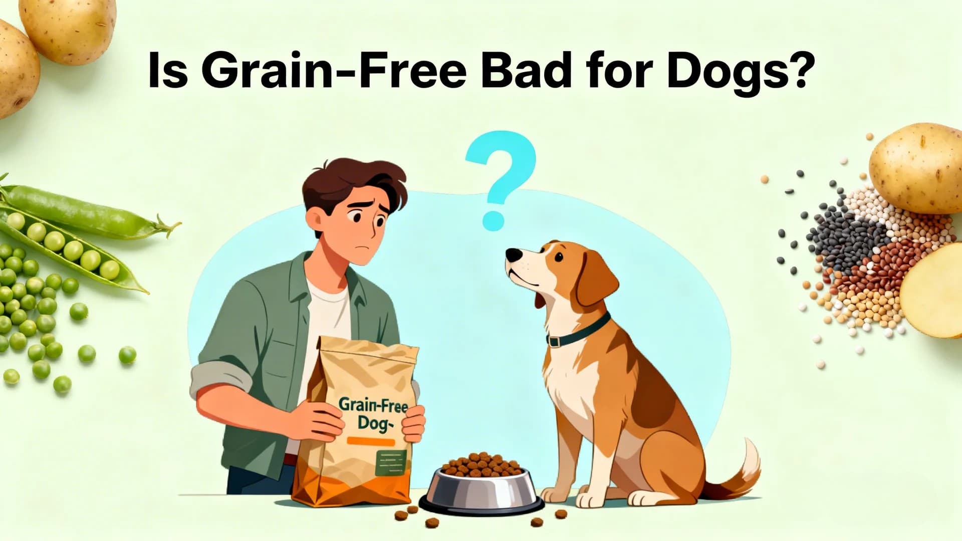 Thoughtful dog owner holding a bag of grain-free dog food while looking slightly concerned. A healthy dog sits beside them