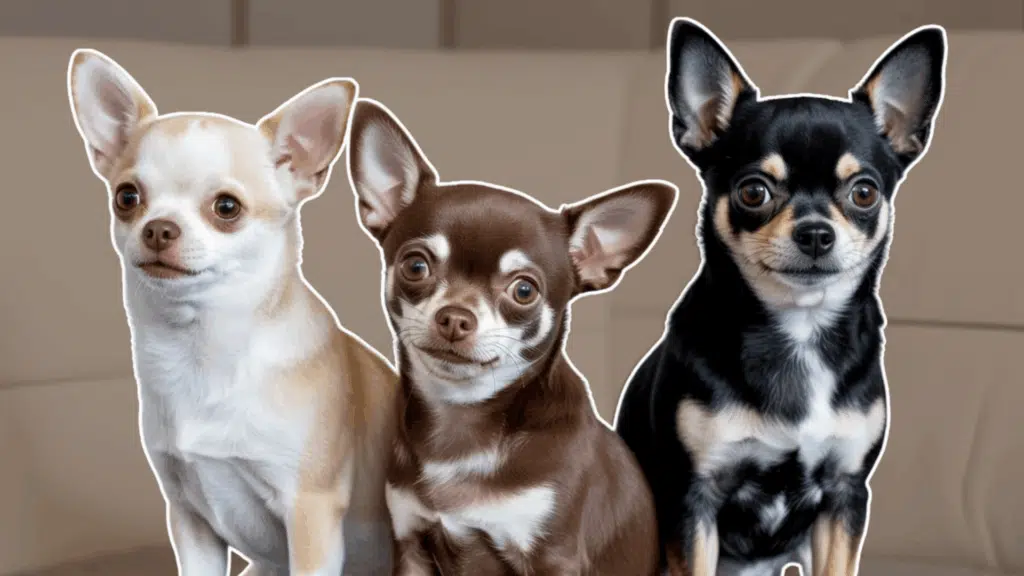 Three Chihuahuas of different coat colors sit indoors facing the camera.