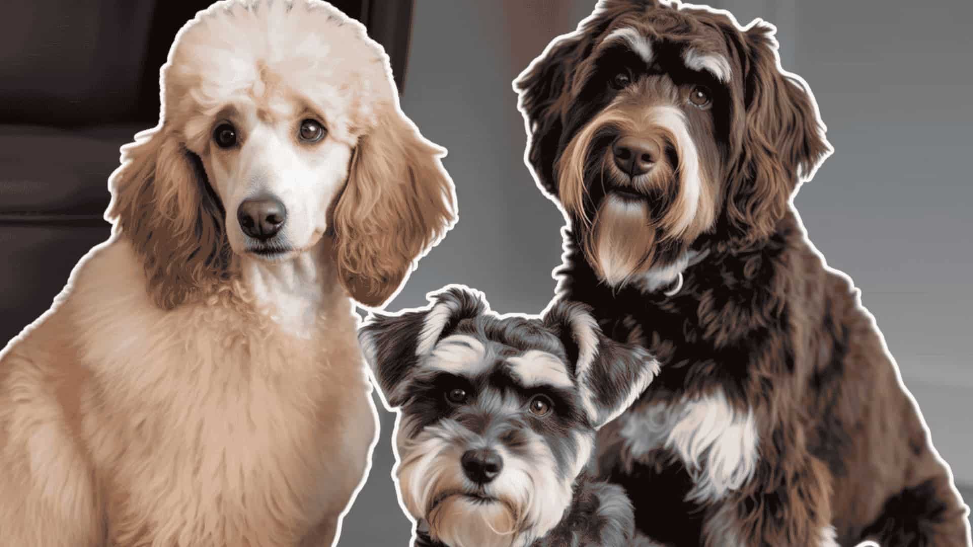 Three hypoallergenic dogs of different breeds, colors and sizes in home setting