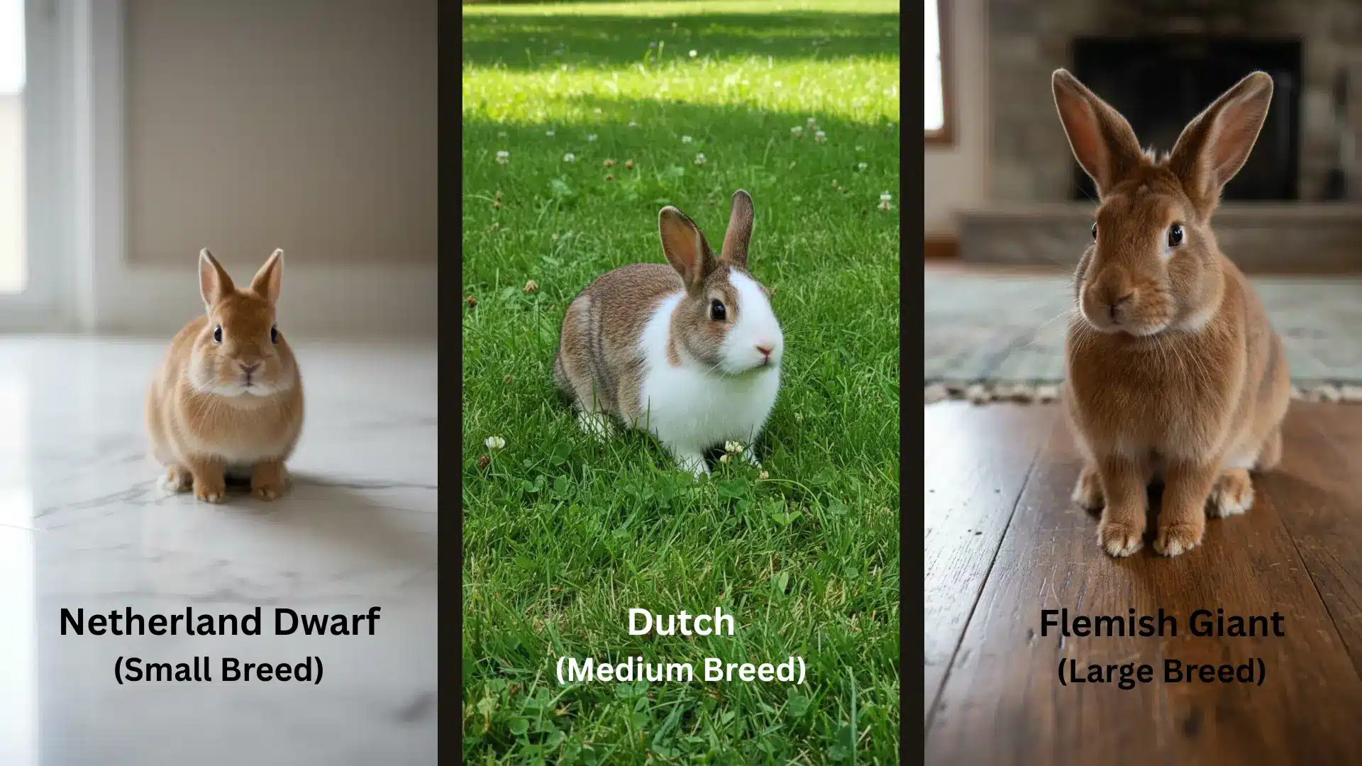 Three rabbits Netherland Dwarf, Dutch, and Flemish Giant showing small, medium, and large breeds side by side