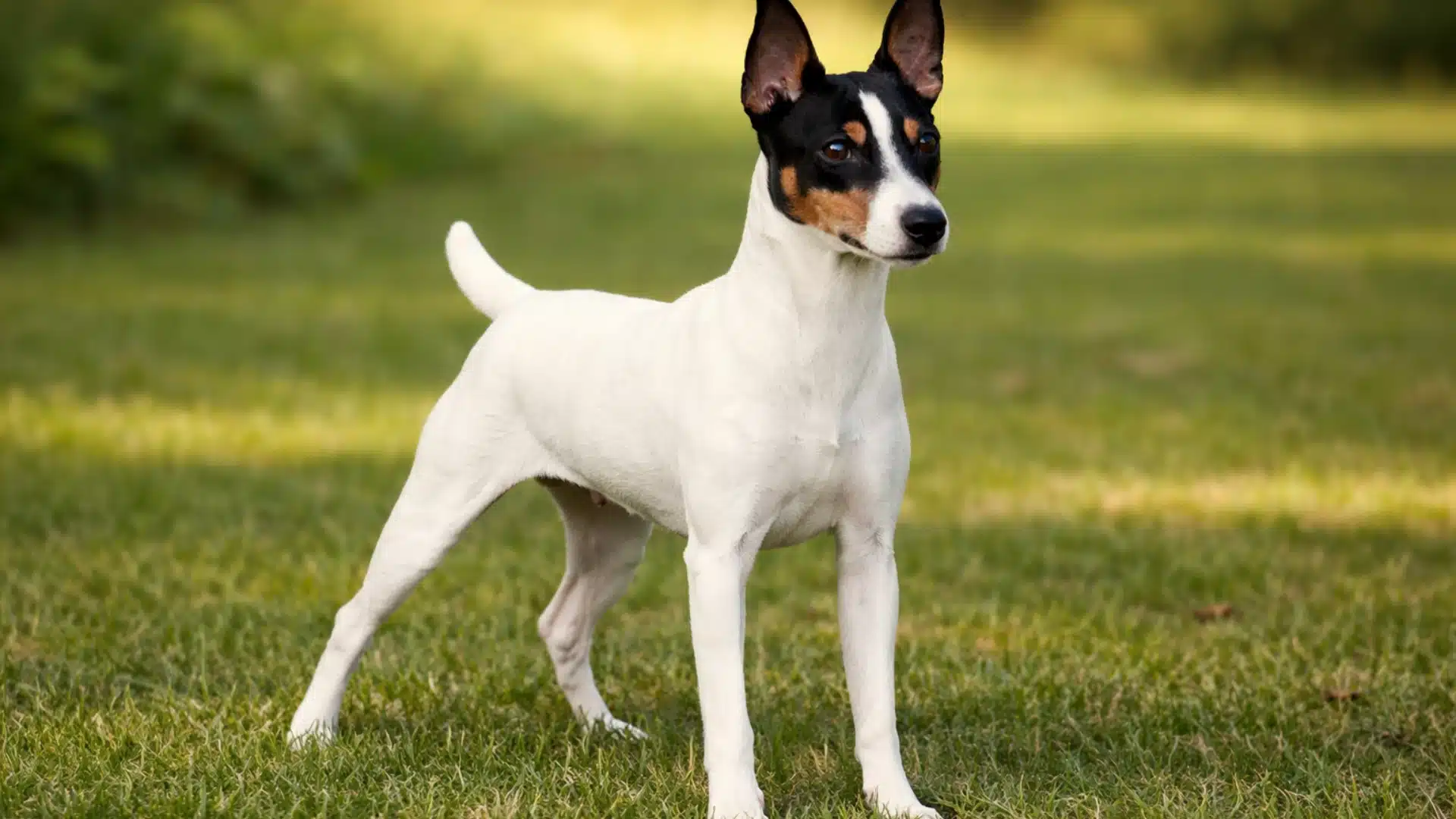 Toy Fox Terrier with white body and black and tan face stands alert on grass, ears up, green background blurred
