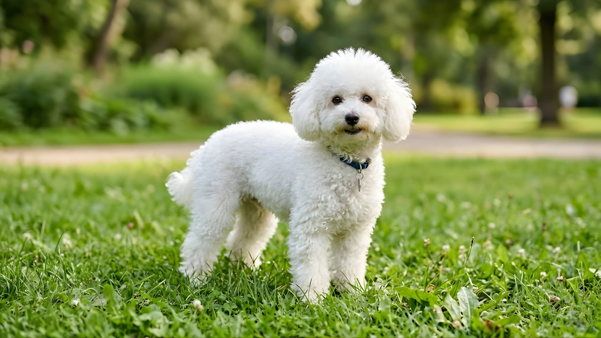 Toy Poodle (White) breed dog standing in a grassy backyard background