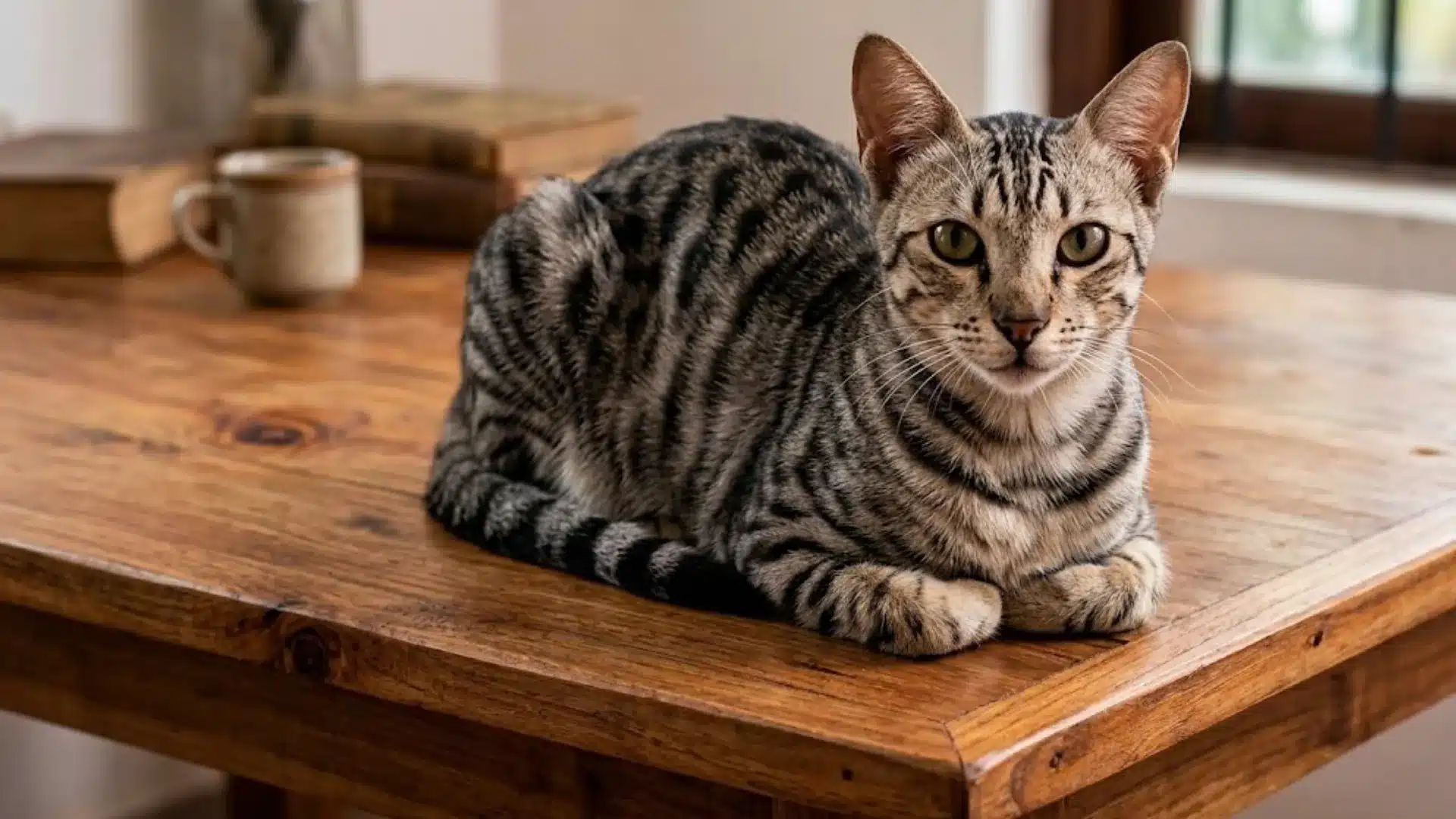 Toyger resting on wooden table indoors, striped coat and alert eyes visible near window and books