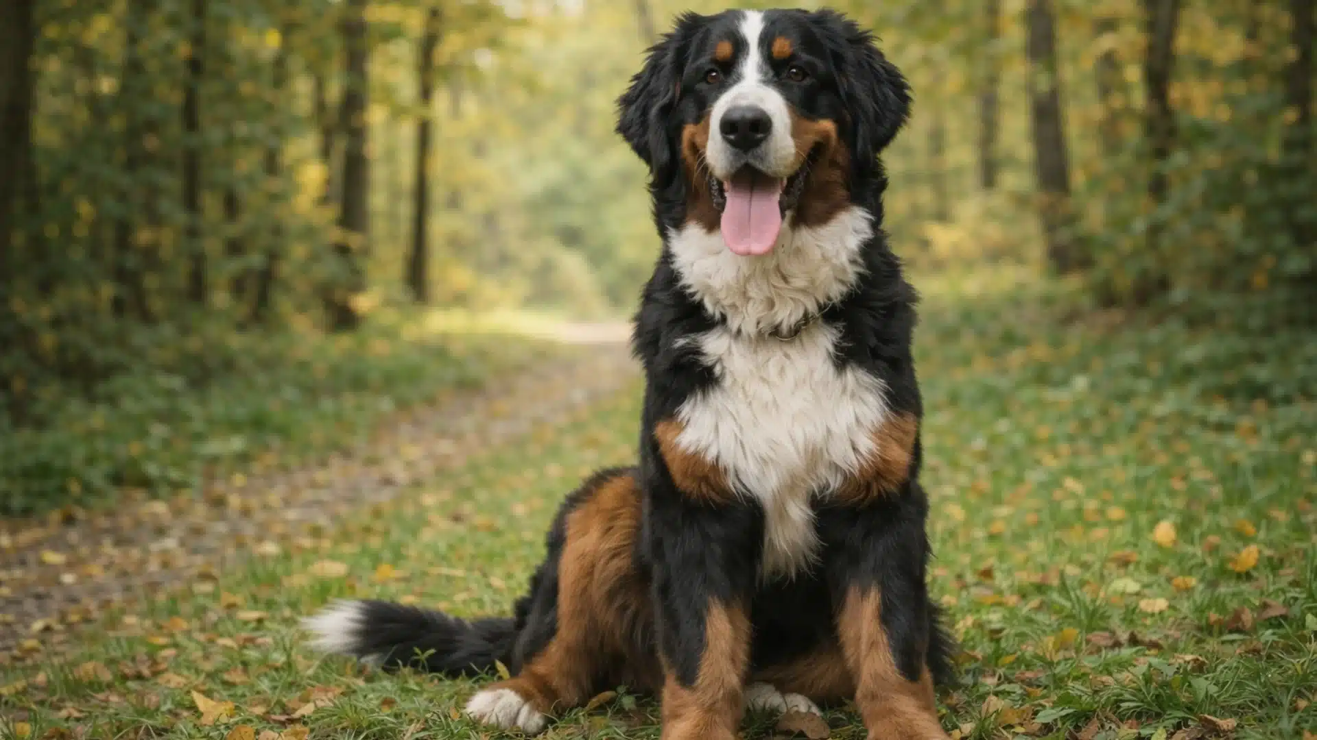 Tri-color Bernese Mountain Dog sitting on a leaf-covered forest trail with a blurred green woodland background