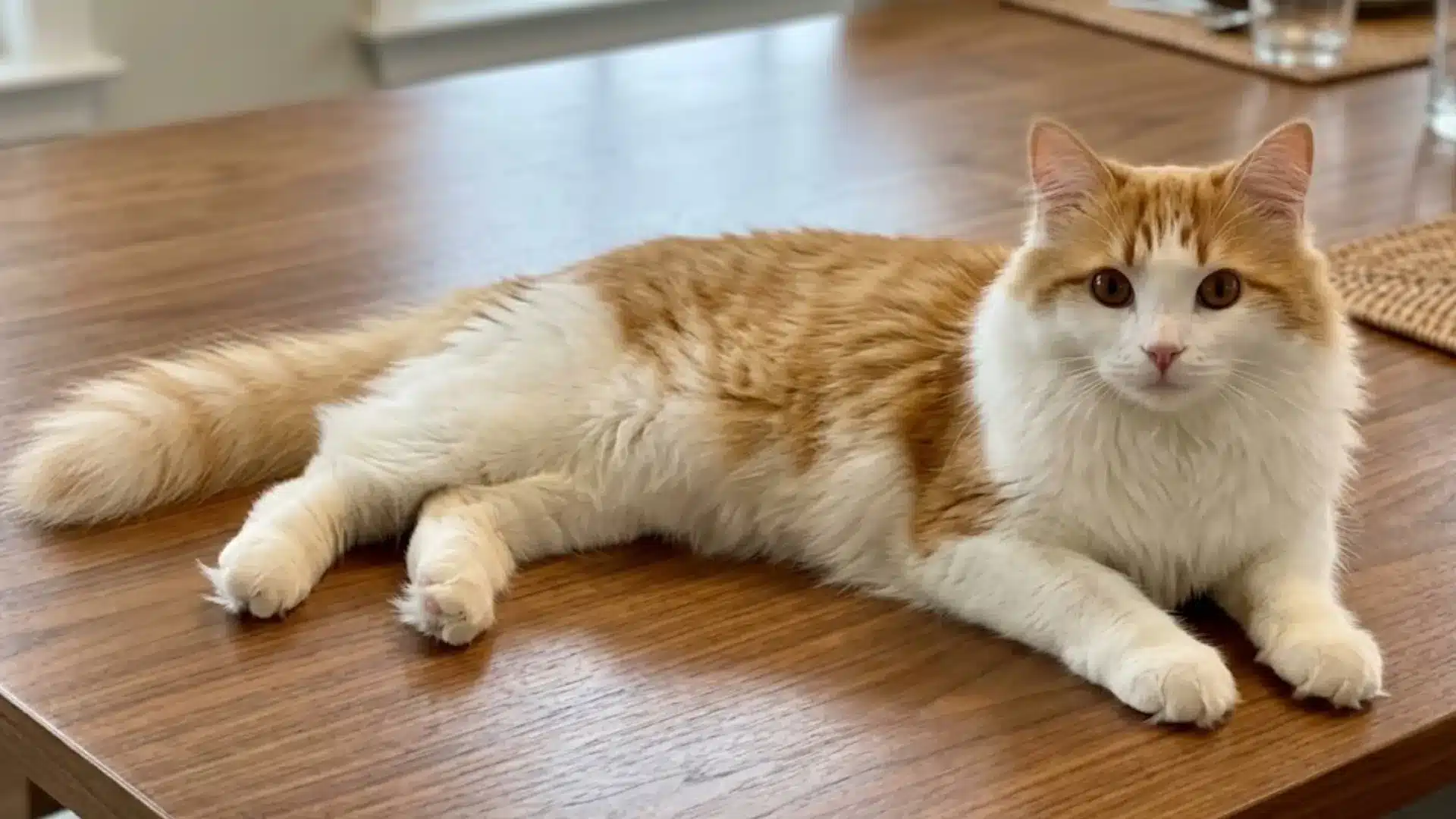 Turkish Van lying on wooden dining table near window inside a bright home interior