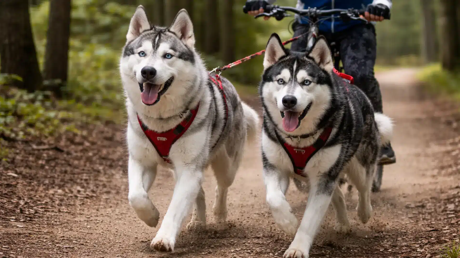 Two Siberian Husky dogs pulling cyclist on forest trail wearing red harnesses with tongues out