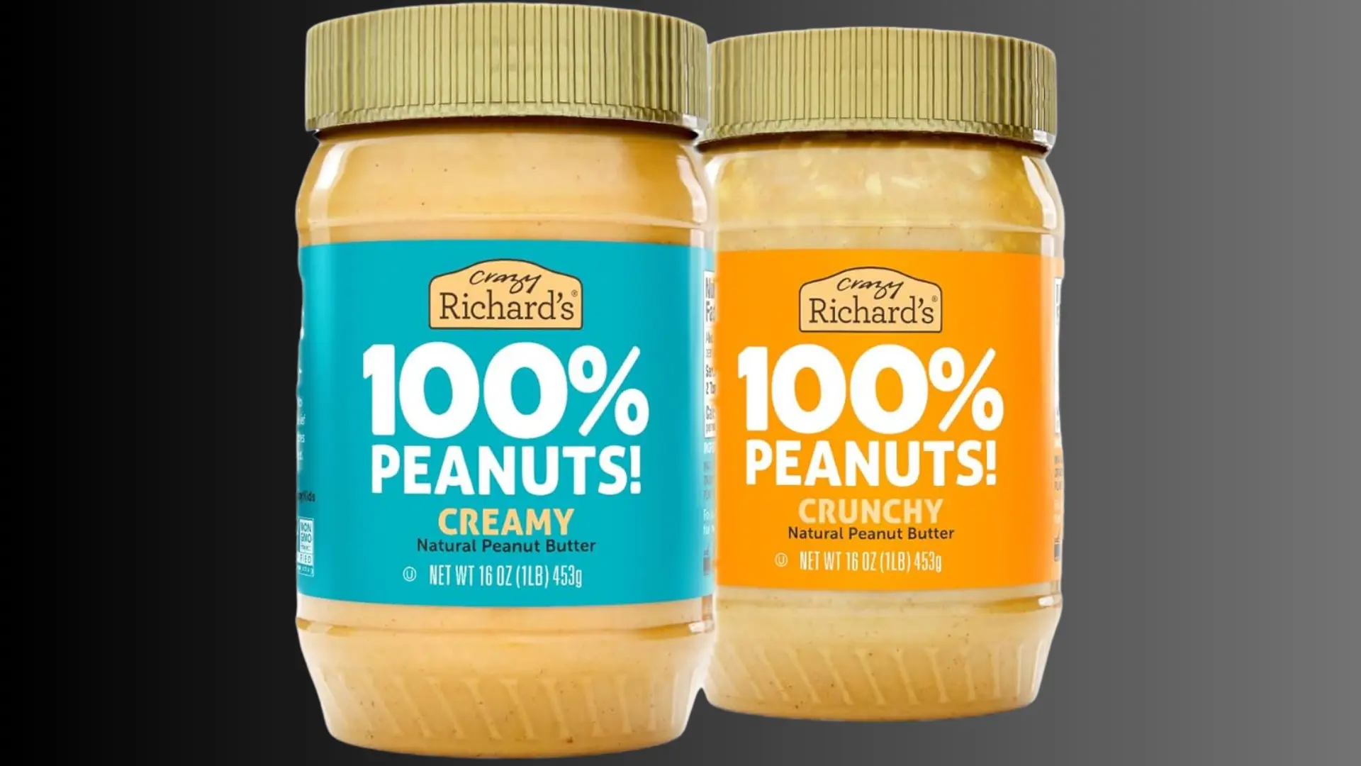 Two jars of Crazy Richard’s peanut butter are displayed against a dark gradient background