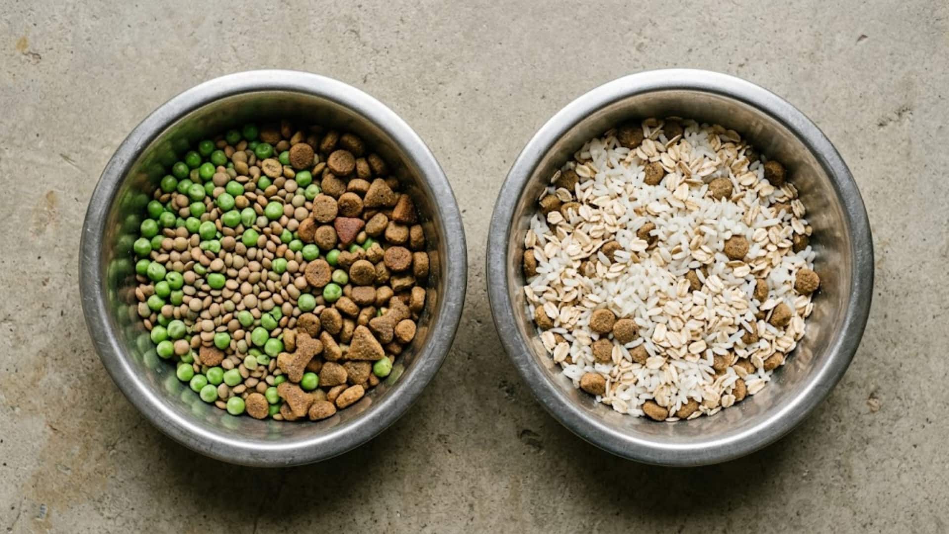 Two metal bowls placed side by side on a neutral background. The left bowl contains a mix of green peas, lentils, and dry pet kibble pieces