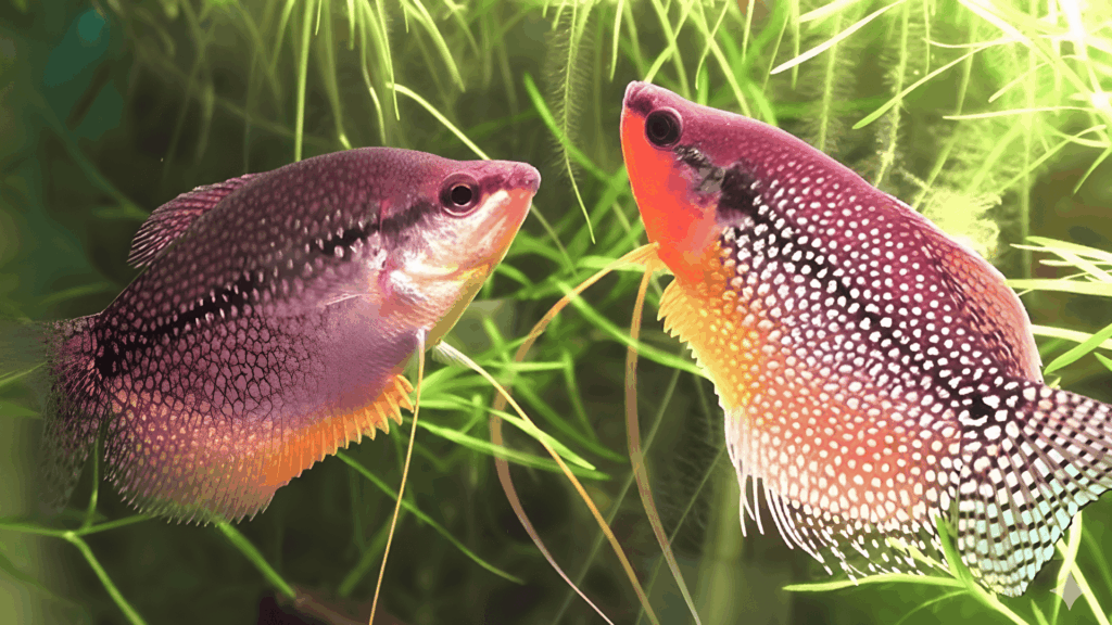 Two pearl gouramis facing each other among fine green aquarium plants