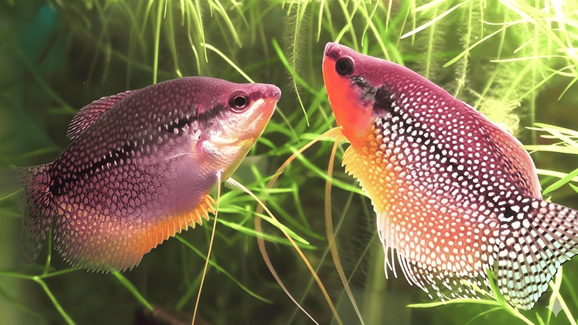 Two pearl gouramis facing each other among fine green aquarium plants