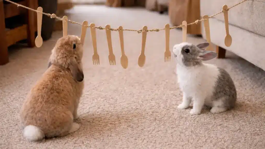 Two pet rabbits sitting on carpet playing with hanging wooden spoon and fork rabbit toys