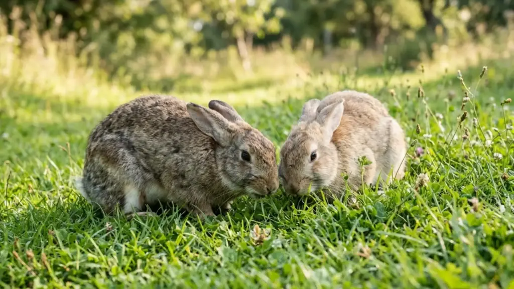 Two rabbits bending down eating grass in a green field, natural light, soft focus background, peaceful outdoor scene