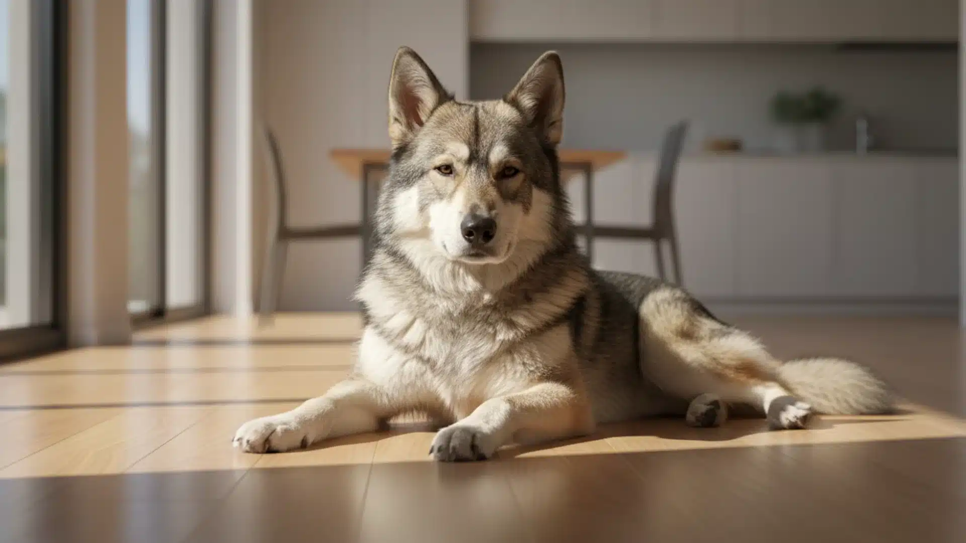 Utonagan dog lying on a wooden floor indoors with sunlight in a modern home interior