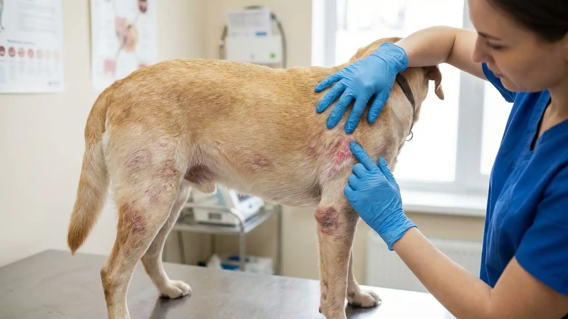 Vet examining dog with red irritated skin patches, showing allergic dermatitis during clinical checkup