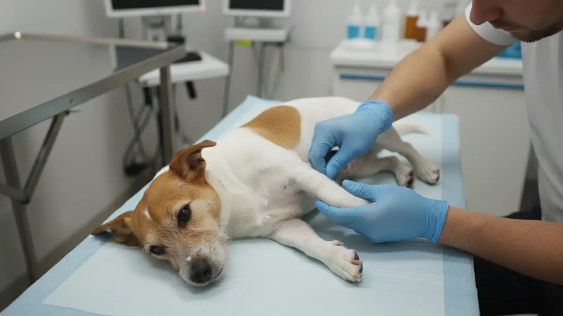 Vet examining dog’s leg on clinic table while wearing gloves and checking joint for pain or injury