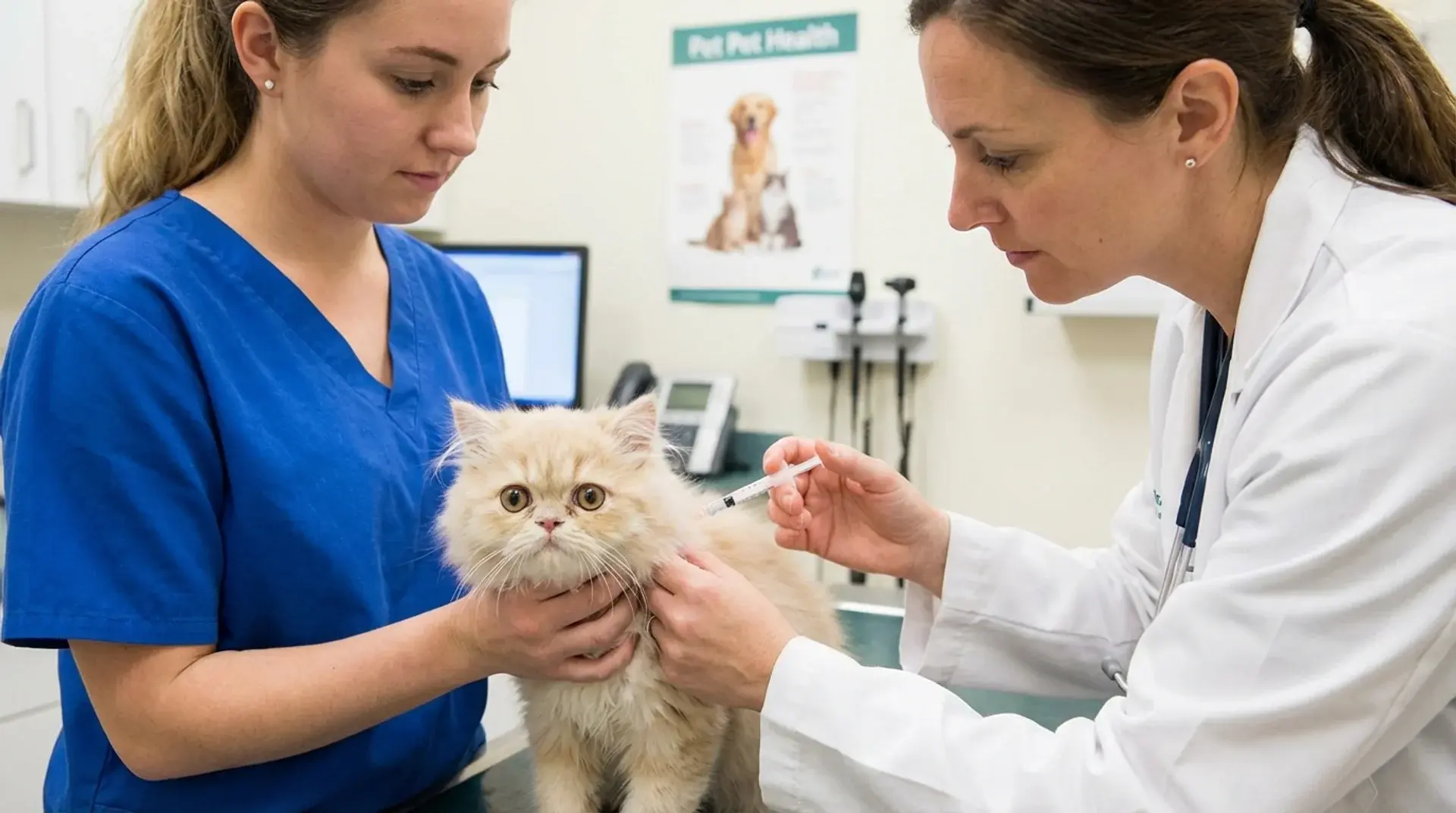 Vet giving vaccination to fluffy kitten at animal clinic during routine health exam and kitten vaccine schedule visit