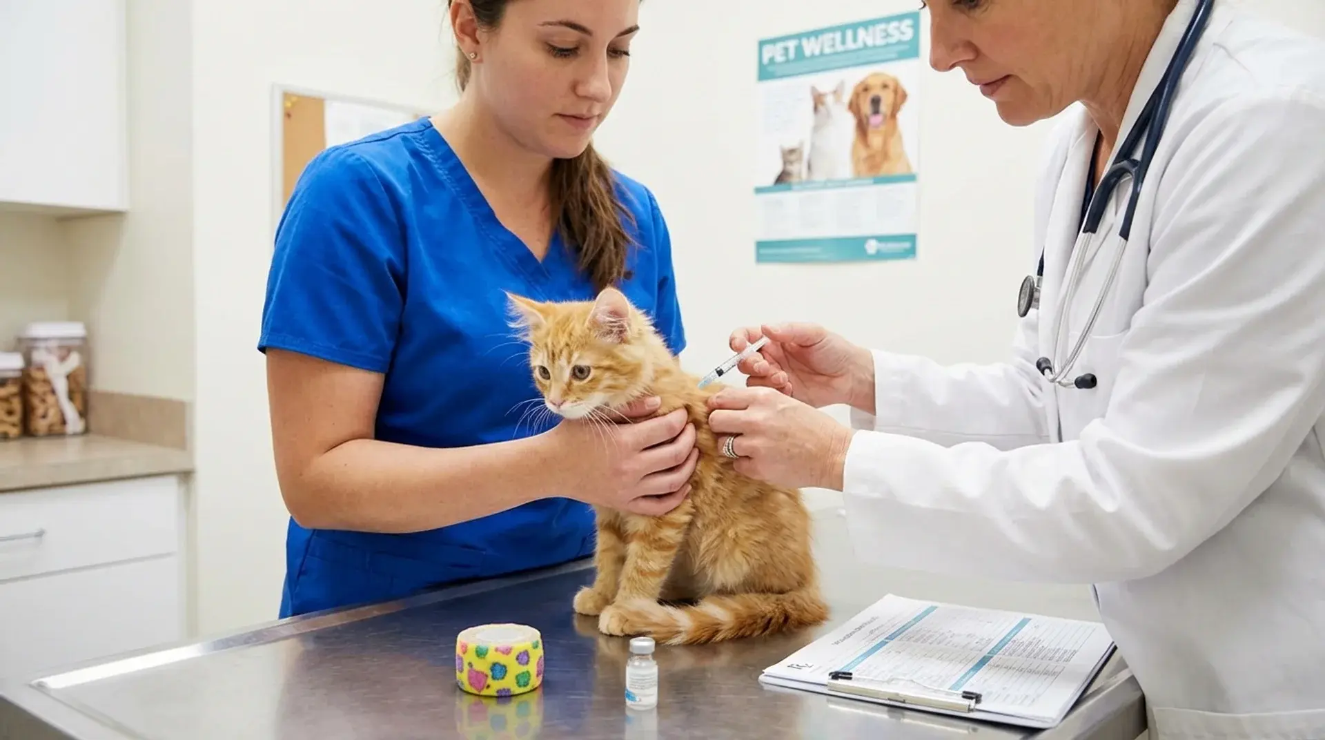 Veterinarian administering vaccine to orange kitten during clinic visit as part of a routine kitten vaccine schedule