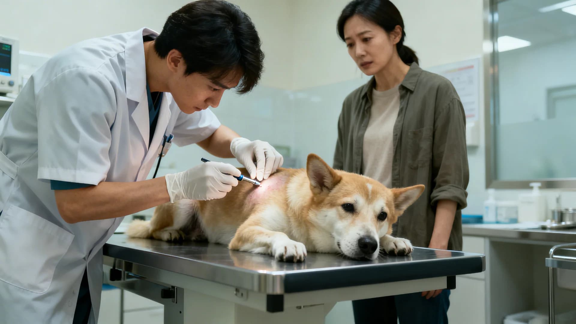 Veterinarian examining a dog’s skin closely in a clean clinic setting, dog lying calmly on exam table