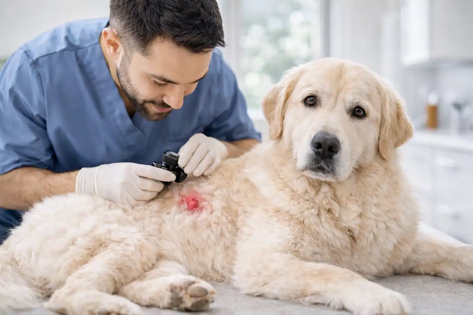 Veterinarian examining red skin infection on dog using dermatoscope in clinic setting