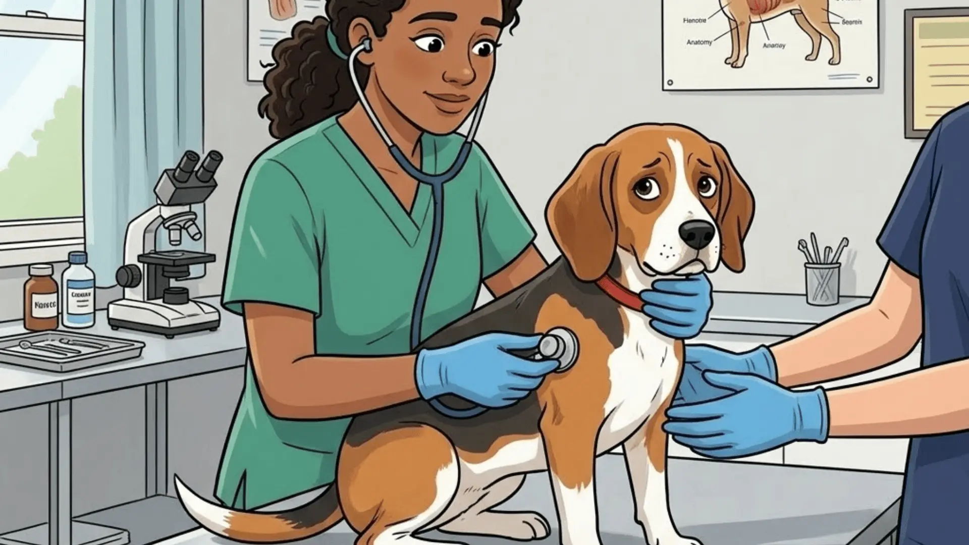 Veterinarian examining sick dog in clinic while diagnosing dog vomiting and diarrhea symptoms