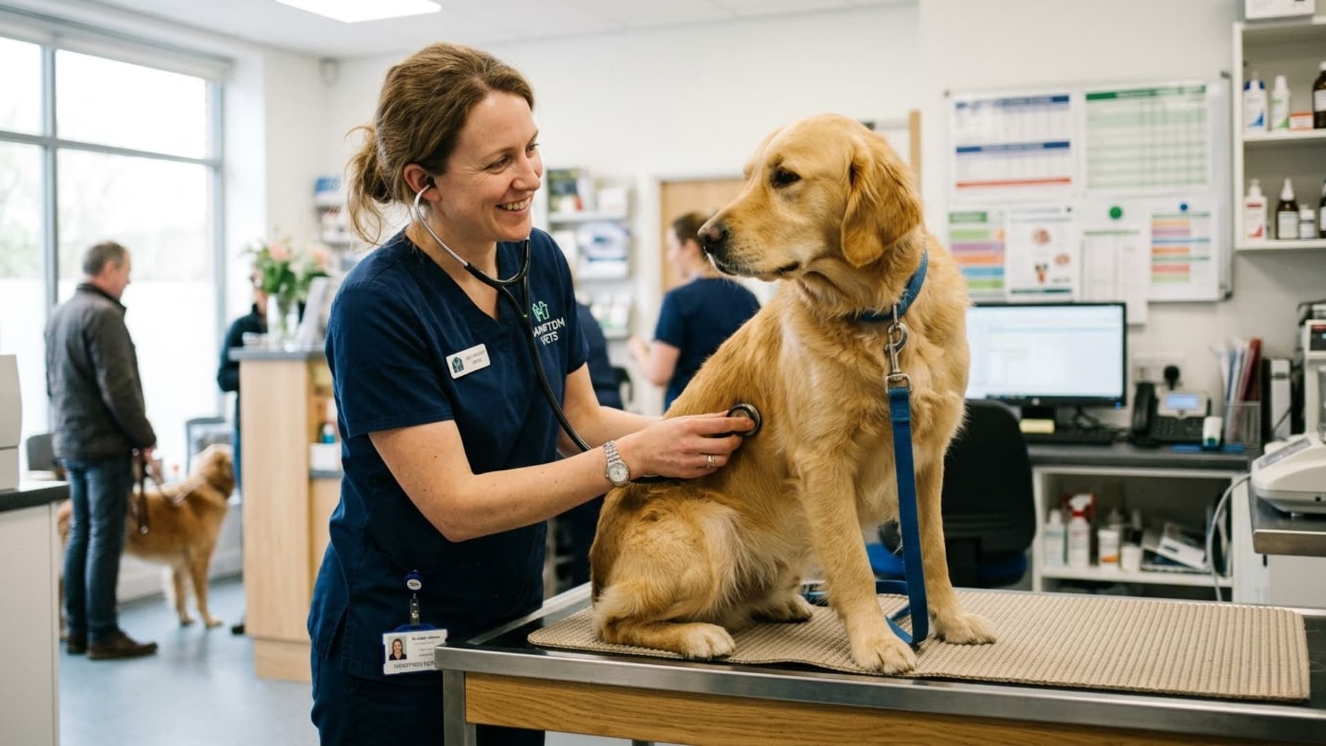 Veterinarian gently examining a dog with a stethoscope in a modern veterinary clinic