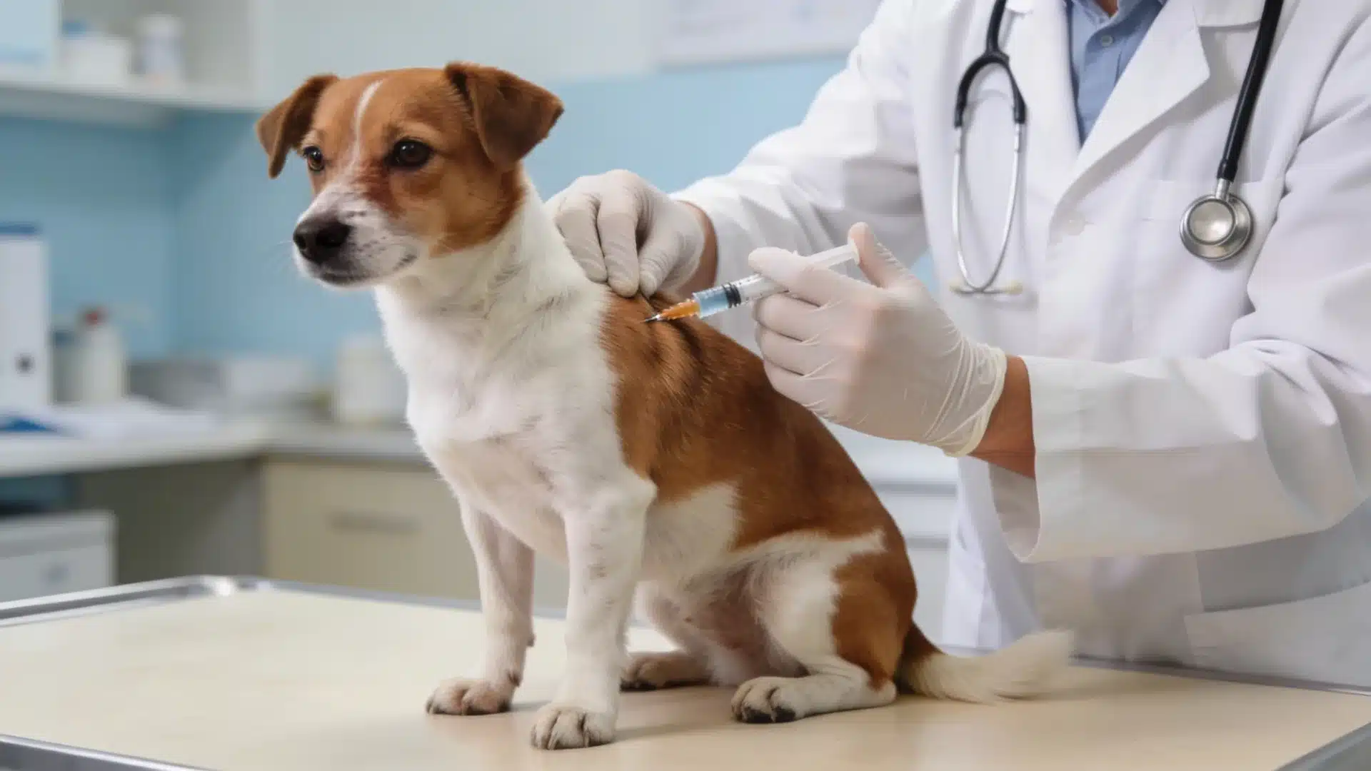 Veterinarian giving a vaccine injection to a brown and white dog sitting on a clinic exam table during a routine checkup