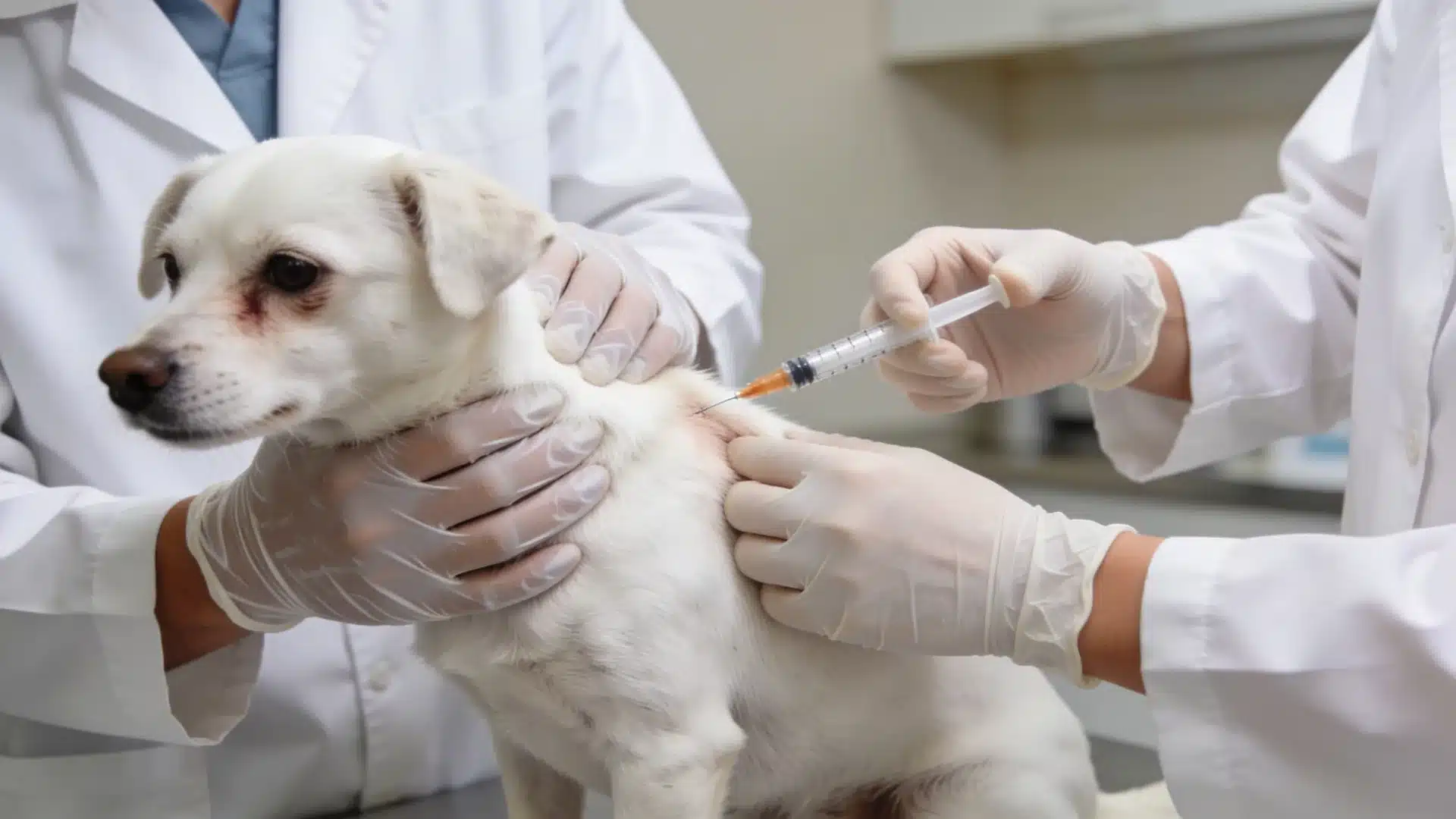 Veterinarian giving a vaccine injection to a small white dog while another vet gently holds it during a routine clinic checkup