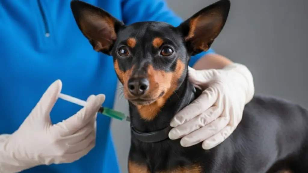 Veterinarian giving a vaccine shot to a small black and tan dog while gently holding it during a clinic visit