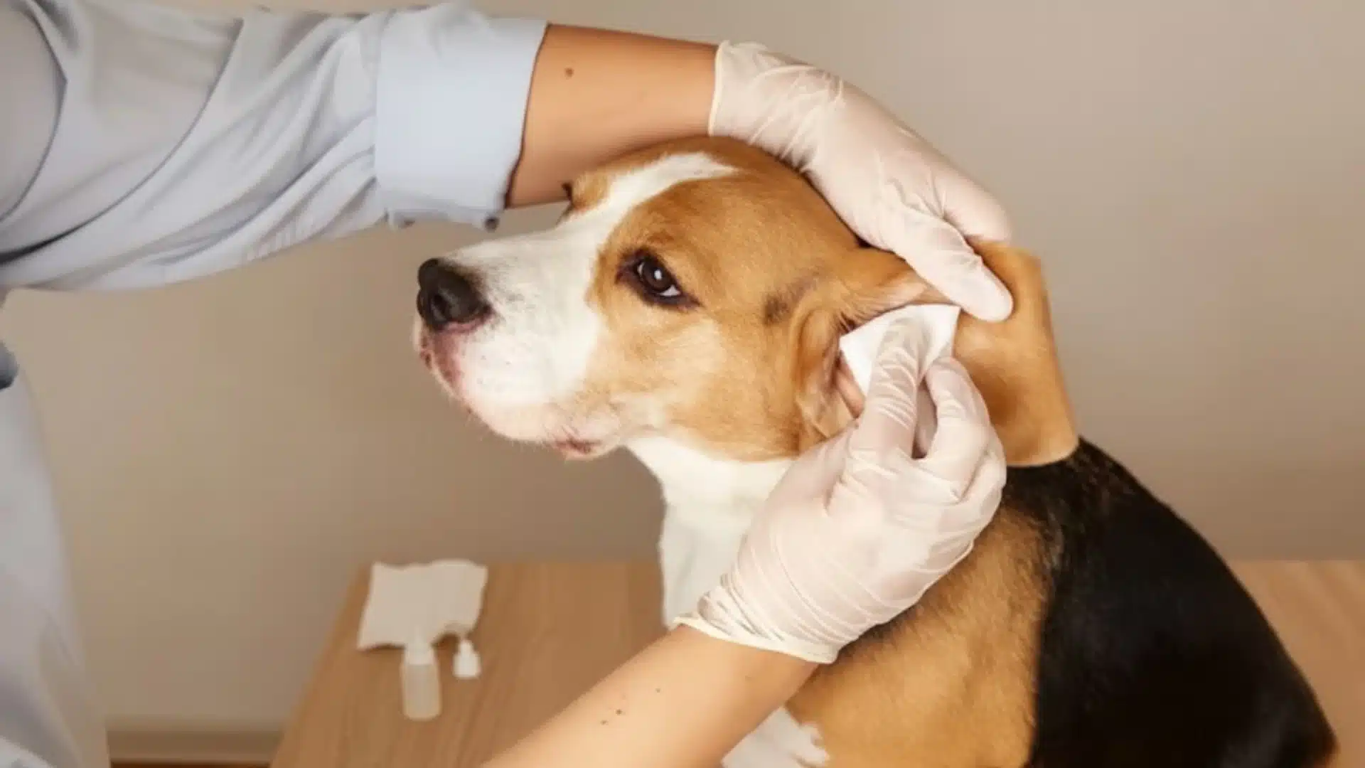 Veterinarian wearing gloves gently cleaning a beagle dog's ear with cotton pad during routine ear check at clinic
