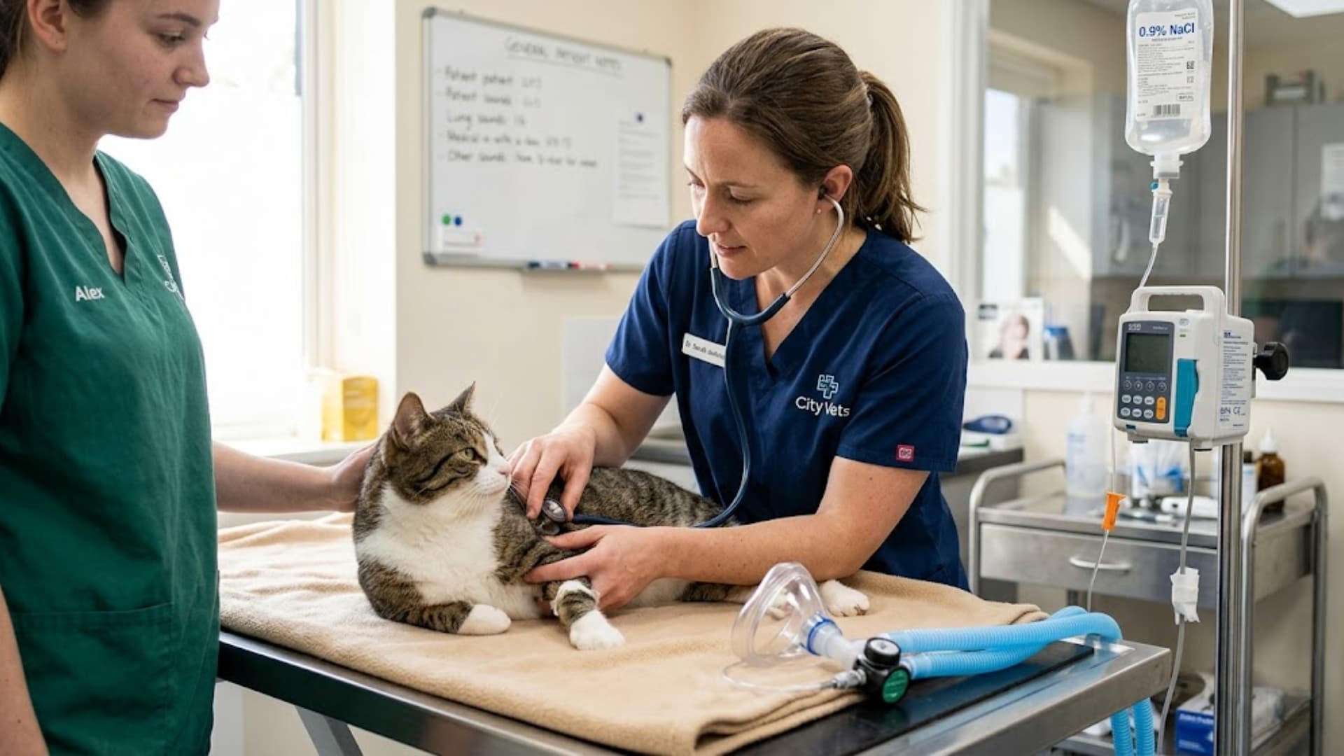Veterinary clinic scene showing treatment for pneumonia in a cat, veterinarian gently examining a calm domestic cat on a treatment table