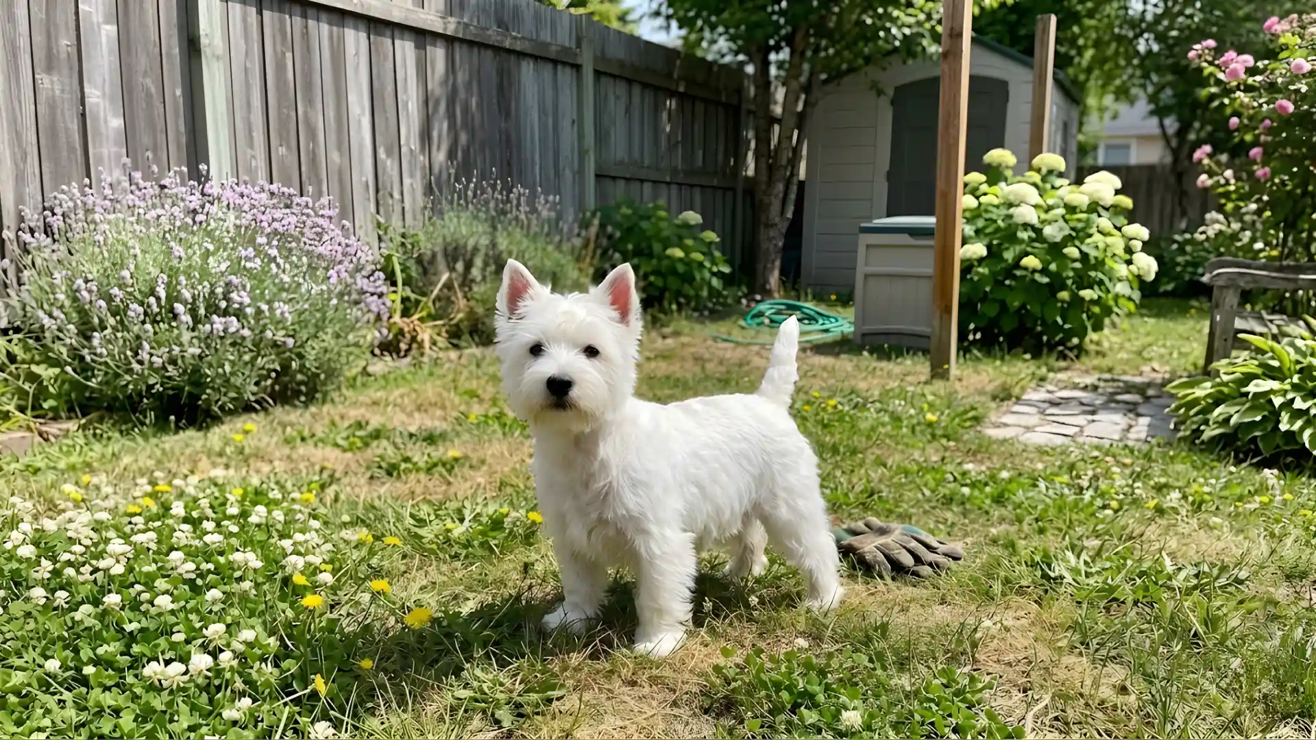 West Highland White Terrier breed dog sitting in a grassy backyard background