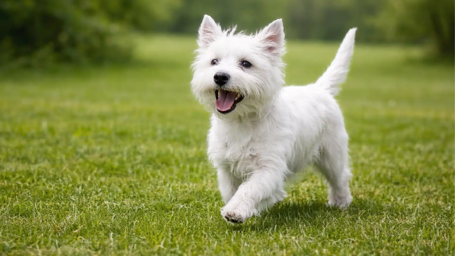 West Highland White Terrier trotting on green grass in a sunny park, ears upright and mouth open in a happy expression.