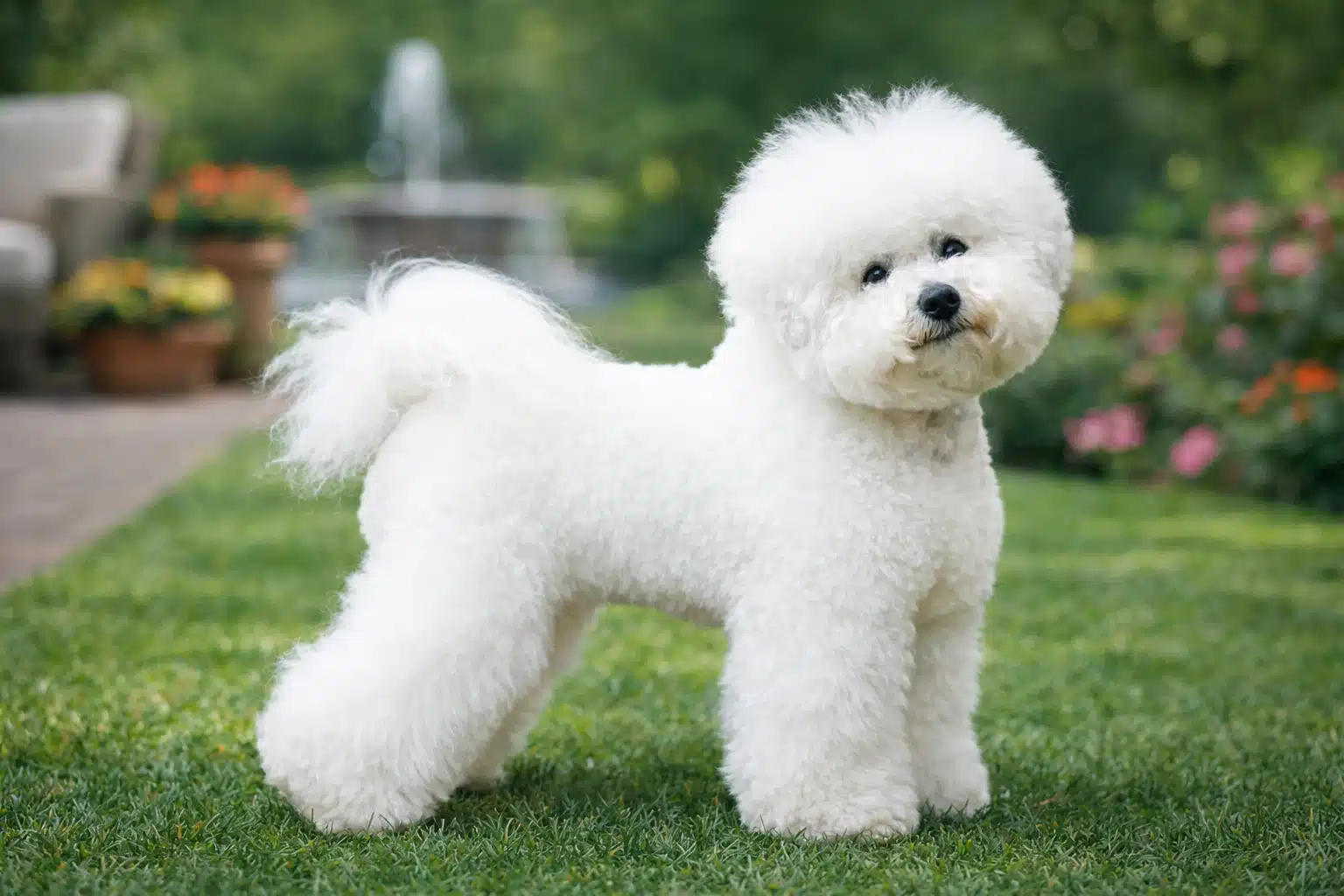 White Bichon Frise standing on green lawn with garden and fountain in background