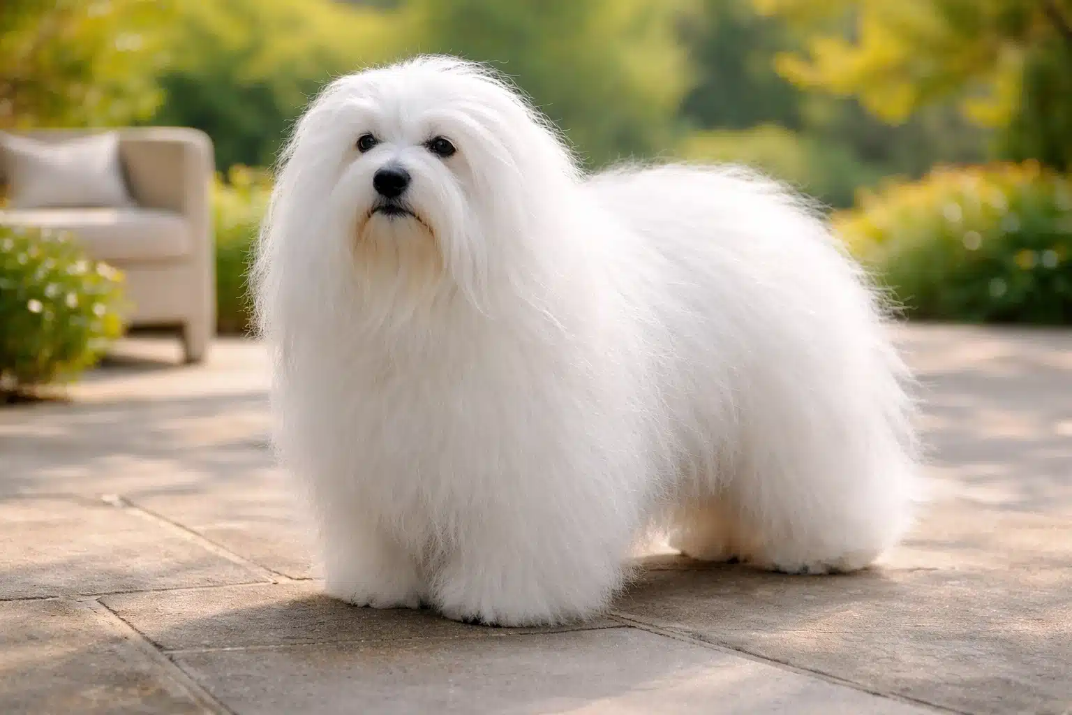 White Coton de Tulear standing on patio in sunny garden