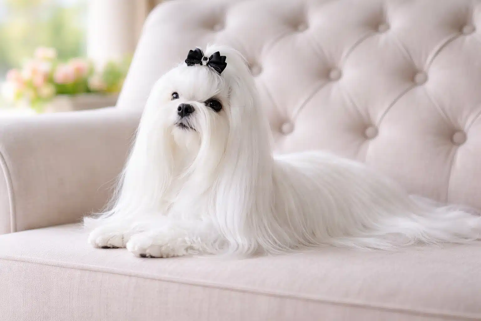 White Maltese dog with long silky coat resting on beige sofa indoors