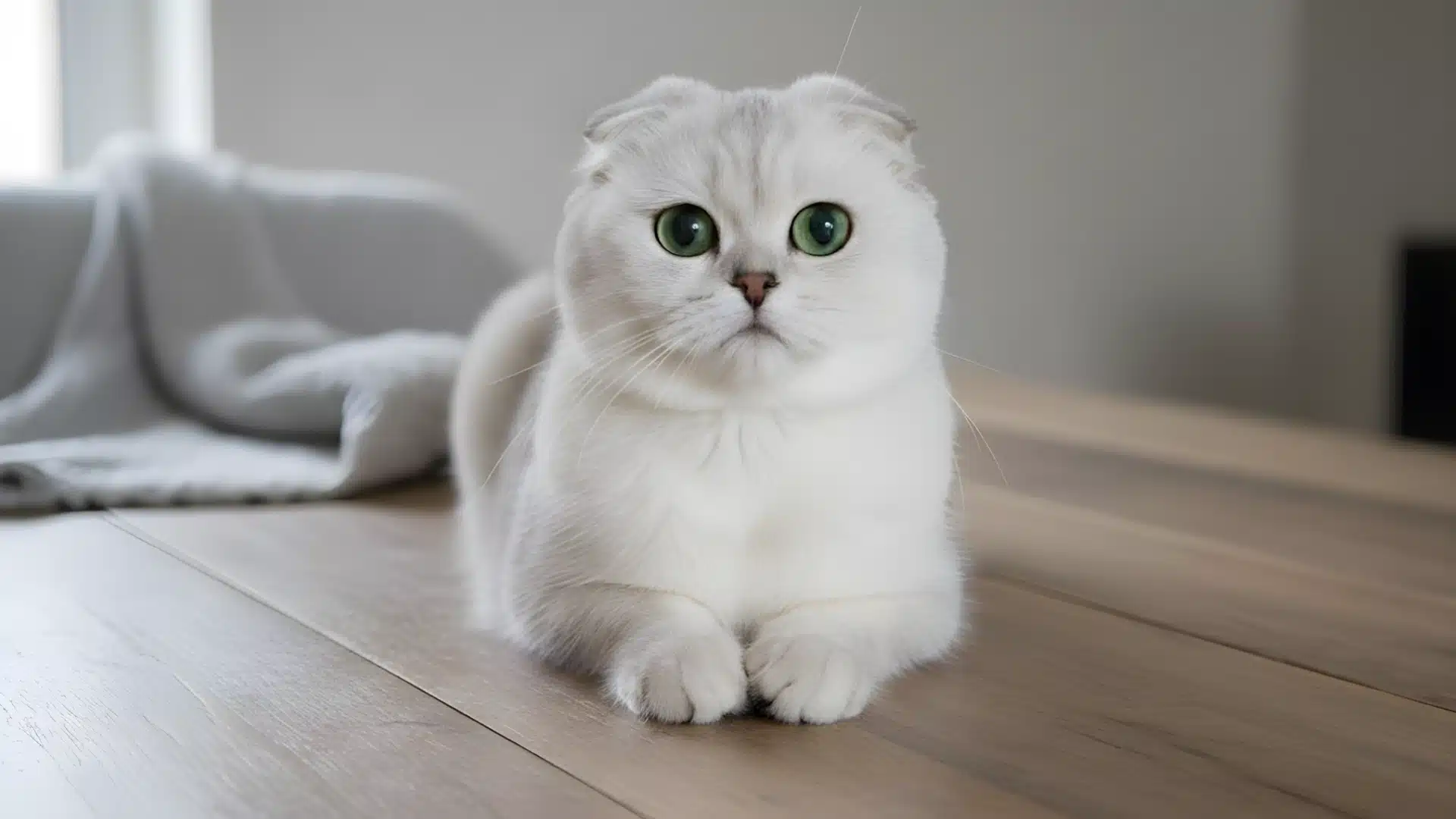 White Scottish Fold cat with folded ears and large green eyes sitting on a wooden floor indoors in soft natural light