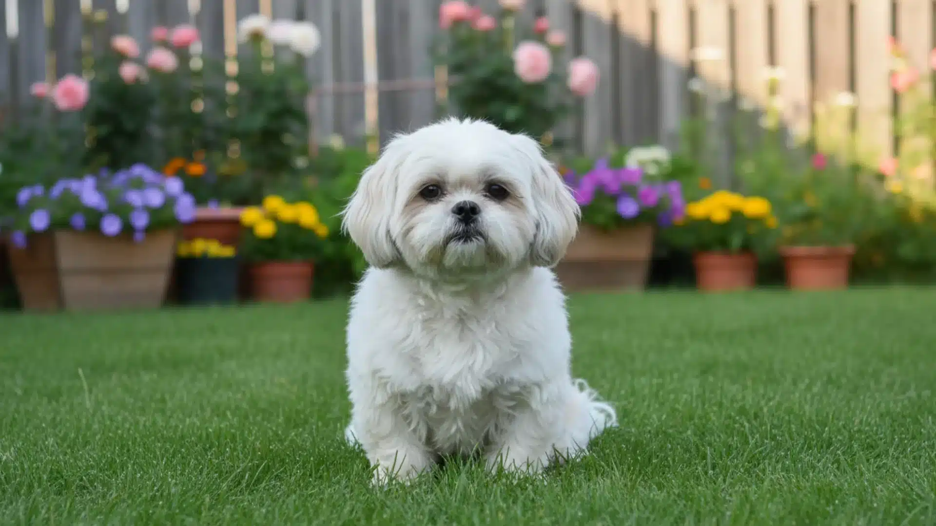 White Shih Tzu sitting on green grass in a home garden with colorful flowers and wooden fence in background
